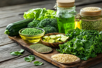 Healthy green food on wooden board