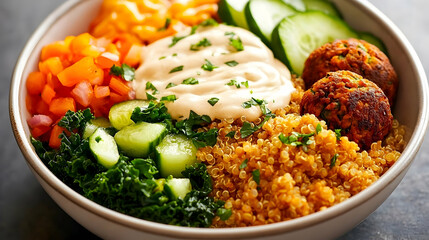 Healthy quinoa bowl with falafel, vegetables, and tahini dressing
