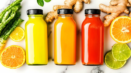 Healthy juice bottles with citrus fruits on marble