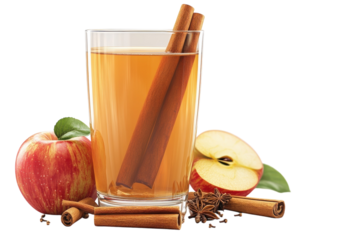 Warm Apple Cider, A Comforting Autumn Beverage, Spiced With Cinnamon Sticks And Star Anise, Creating A Cozy And Inviting Scene Against A Crisp Isolated on Transparent Background