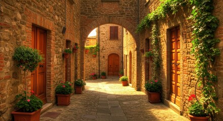 Fototapeta premium A picturesque italian alleyway with stone buildings and potted plants lining the cobblestone street
