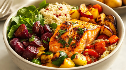 Healthy salmon quinoa bowl with roasted vegetables