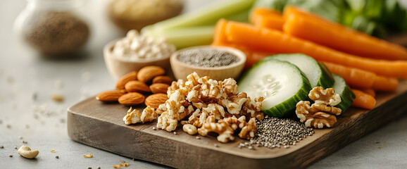 Healthy snack nuts, seeds, veggies. Kitchen table
