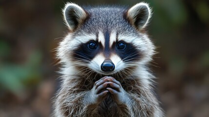 Intriguing raccoon portrait. Deep blue eyes and clasped paws draw you in. Soft fur and a blurred background create a captivating moment