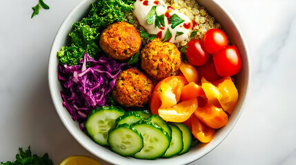 Healthy vegan bowl with falafel, quinoa, and vegetables