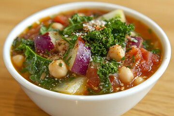 Hearty chickpea stew, vegetables, wood table. Food photography for recipe blogs