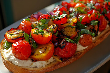 Grilled tomato and ricotta bruschetta, sunlit kitchen