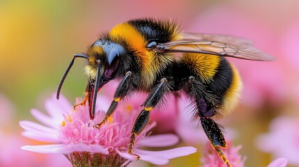 Close-up view of a vibrant bumblebee pollinating delicate pink flowers amidst a soft, colorful backdrop