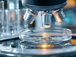 Close up of a microscope scanning compounds on a petri dish in a laboratory