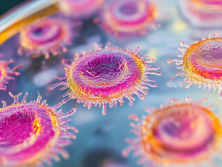 Close up and microscopic shot of virus bacteria organism cells on a petri dish