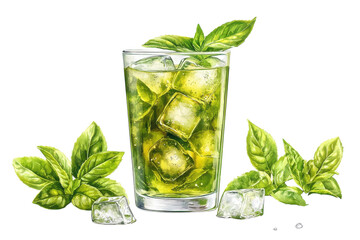 A Refreshing Basil Iced Tea, Perfect For A Summer Day, Depicted In A Tall Glass With Ice Cubes And Vibrant Green Basil Leaves, Showcasing A Crisp, Clean Watercolor Style Isolated on Transparent Backgr