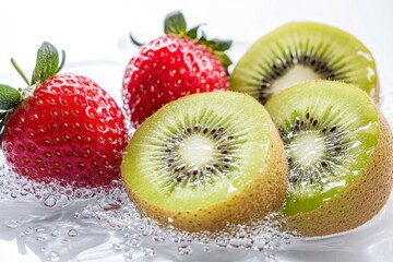 Fresh Strawberries and Kiwi Slices Refreshing in Water Bubbles
