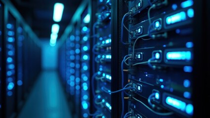 Empty underground corridor reflects the cool light of a data center network server room