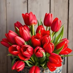 Obraz premium Vibrant red tulips arranged in a rustic metal bucket, metal, colorful, nature