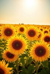 Obraz premium Vibrant sunflowers bathed in golden sunlight, summer field landscape, sunshine, golden