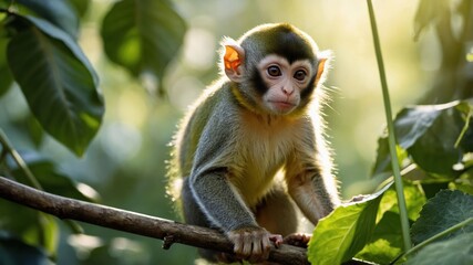 Obraz premium A young monkey perched on a branch amidst lush green foliage.