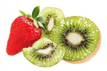 Strawberry and Kiwi Fruit Fresh Cut with Water Droplets Isolated