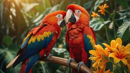 Fototapeta premium Two vibrant scarlet macaws perched together among lush greenery and bright flowers.