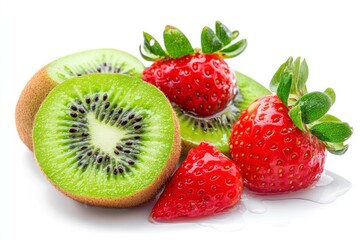 Fresh Kiwi Fruit and Strawberries Arrangement Isolated on White Background