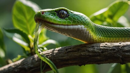 Fototapeta premium A close-up of a vibrant green snake resting on a branch amidst lush foliage.