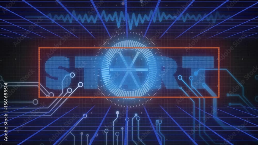 Poster Circuit patterns with START text in blue on futuristic digital animation interface