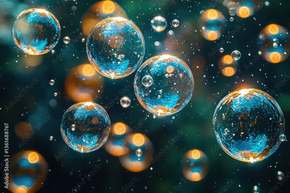 Poster colorful bubbles float gently in the air, capturing light against a dark background, creating a magi
