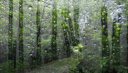Fototapeta premium 6月・梅雨 雨の降る風景 雨粒の水滴がついた窓ガラス越しの森の草木 自然の山林 湿気で曇る表面 季節・湿度・天気の背景