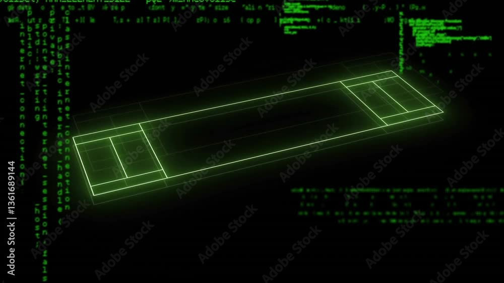 Poster green text animation resembling data processing over digital grid on black background