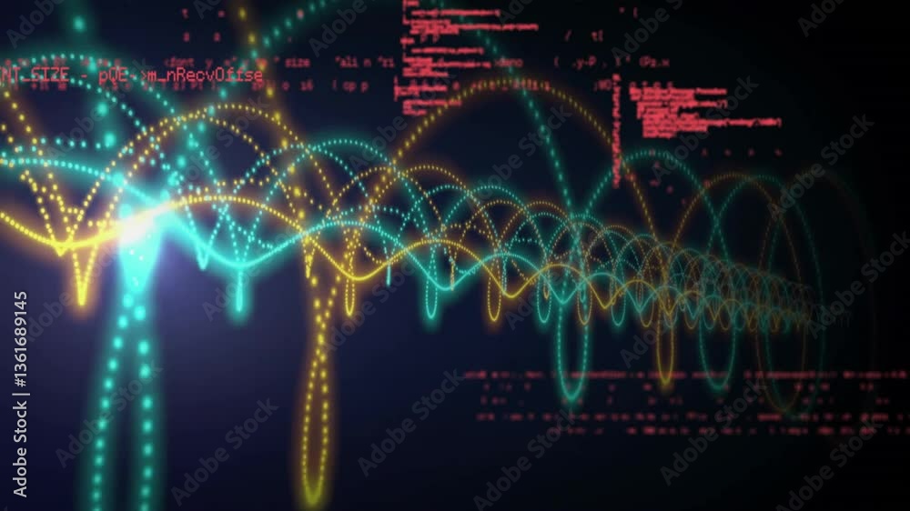 Poster creating animation, colorful waveforms and red code lines visualizing digital data