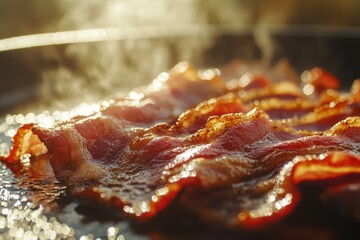 Cooking crispy bacon strips on a skillet during a sunny morning breakfast outdoors with steam rising