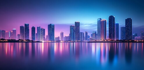 Fototapeta premium A purple neon cityscape with skyscrapers and buildings glowing in shades of blue, pink, or violet lights, Modern Futuristic Sci Fi Background