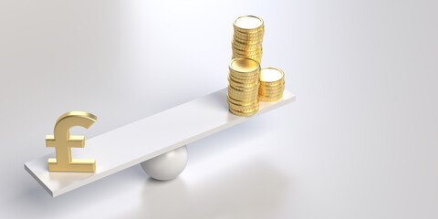 3D rendered Silver color Pound and gold coins standing on a balanced surface. Financial balance concept. Large copy space with light background.