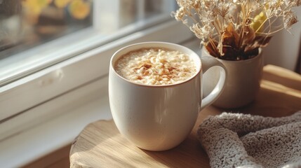 A cozy photograph showing a coffee beverage on a wooden tray