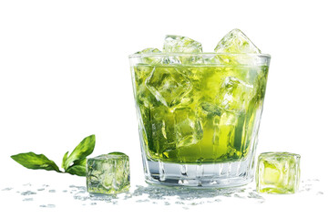 A Refreshing Green Iced Drink, Perfect For A Summers Day, Sparkles In A Rocks Glass With Ice Cubes And Fresh Basil, Creating A Vibrant And Cool Image Isolated on Transparent Background