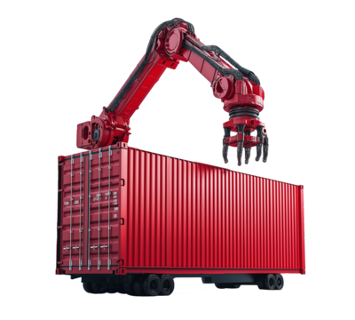 Intelligent AI robotic arm loading and unloading container cargo on white background, transparent background PNG format