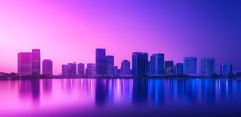 Fototapeta premium A purple neon cityscape with skyscrapers and buildings glowing in shades of blue, pink, or violet lights, Modern Futuristic Sci Fi Background