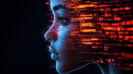 A digital portrait of a woman integrated with technological data