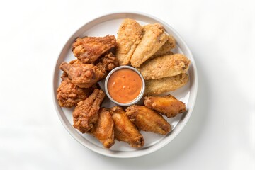 Fried chicken wings and legs with sauce served on a plate