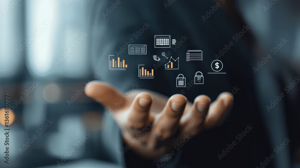 Leinwandbilder hand is extended with floating digital icons representing data analysis, security, and finance, symb