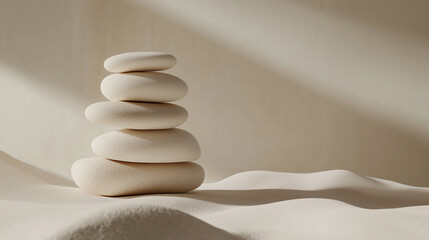 Smooth stones balanced in a harmonious arrangement on a textured surface during soft daylight Generative AI