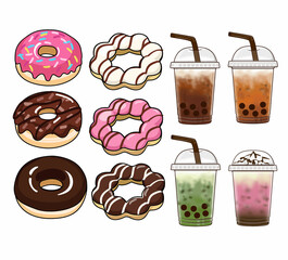 Donuts  Colorful donut desserts and drinks coffee Bubble tea