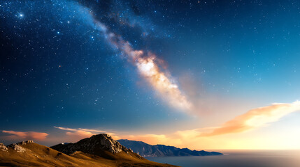 Obraz premium Breathtaking high-altitude view of the milky way over rugged mountains nighttime landscape serene environment captivating perspective