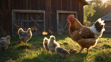 Fototapeta premium A rooster and chicks in a sunlit farmyard near a wooden barn.