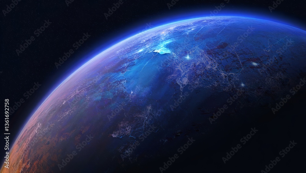 Poster planetary view showcasing a vibrant landscape and illuminated regions from a distance during twiligh