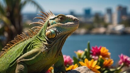 Fototapeta premium A vibrant iguana perched among colorful flowers with a city skyline in the background.