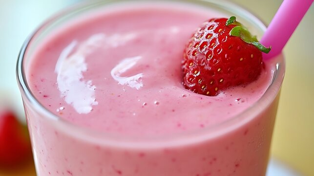 Close-up of a delicious strawberry smoothie in a glass with a straw and fresh strawberry garnish.