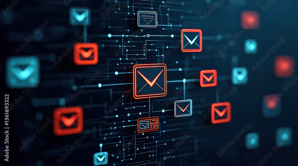 Fototapete digital email interface is depicted with glowing icons connected by lines, symbolizing communication