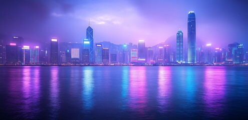 Fototapeta premium A purple neon cityscape with skyscrapers and buildings glowing in shades of blue, pink, or violet lights, Modern Futuristic Sci Fi Background