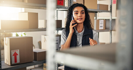 Woman, planning and phone call with supply chain for inventory, delivery and logistics for...