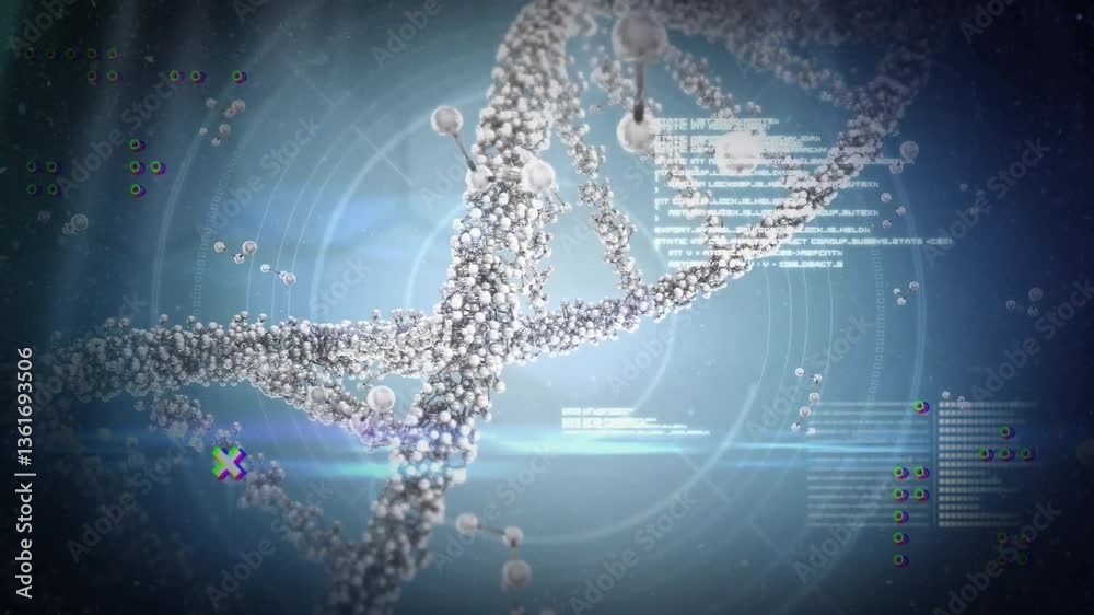 Poster processing scientific data, dna strand with binary coding in animation